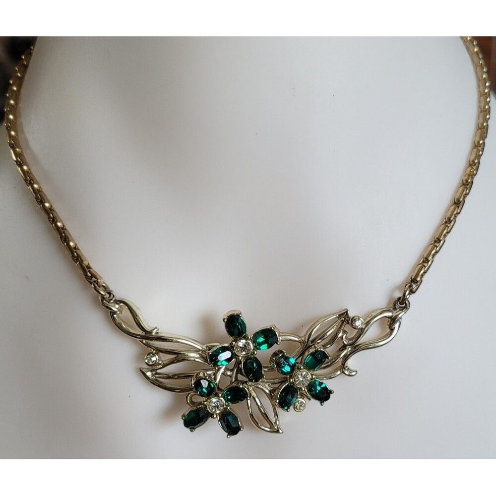 1960's Vintage Choker Necklace Green & Clear Rhinestone Flowers Adjustable